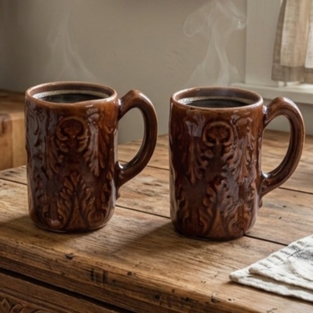 Vintage Brown Rockingham‎ Glaze Ceramic Embossed Acanthus Leaf Mugs Set of 2